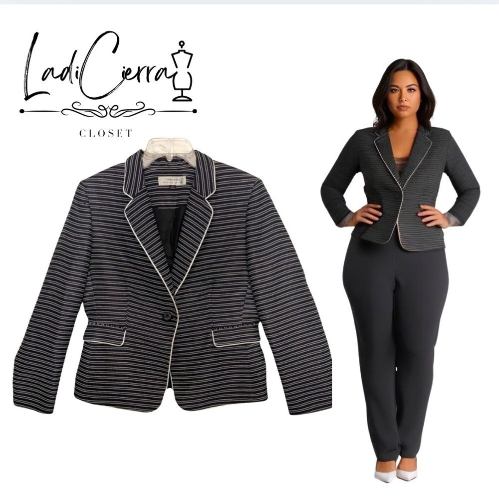 Tahari Navy Black White Striped Dress Long Sleeve Suit Jacket Size 14